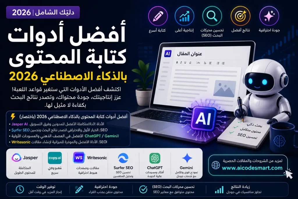 أفضل أدوات كتابة المحتوى بالذكاء الاصطناعي 2026 مع مقارنة بين ChatGPT وGemini وJasper وWritesonic وSurfer SEO لتحسين الإنتاجية والسيو مقدم من موقع www.aicodesmart.com