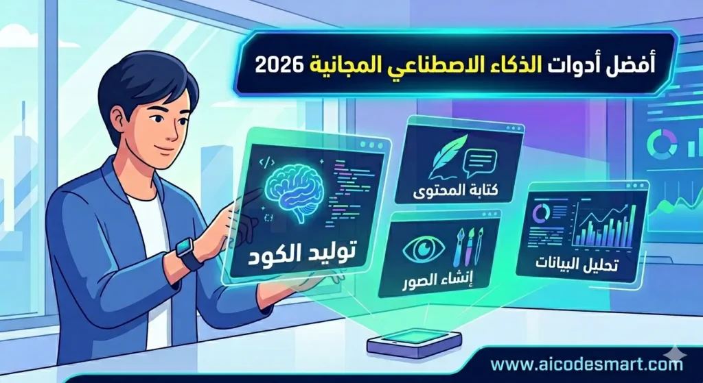 أفضل أدوات الذكاء الاصطناعي المجانية 2026 لزيادة الإنتاجية والربح من الإنترنت باستخدام ChatGPT وGemini وCopilot وأدوات AI الحديثة. مقدم من موقع www.aicodesmart.com
