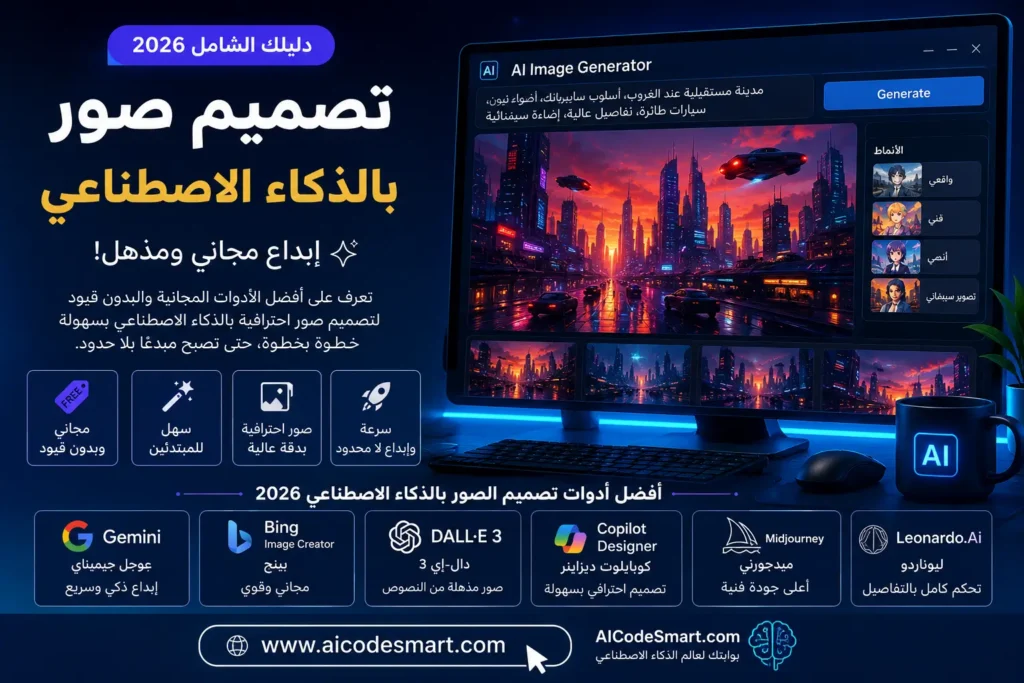 تصميم صور بالذكاء الاصطناعي 2026 باستخدام أفضل أدوات AI المجانية مثل Gemini وBing Image Creator وDALL·E لإنشاء صور احترافية بسهولة. مقدم من موقع aicodesmart.com