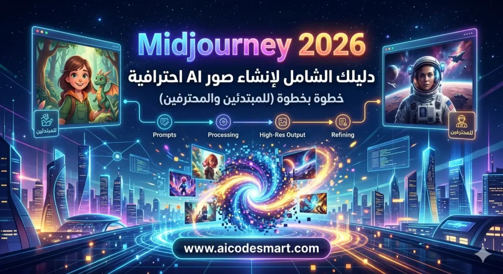 شرح Midjourney 2026 لإنشاء صور احترافية بالذكاء الاصطناعي باستخدام أوامر وبرومبتات متقدمة للمبتدئين والمحترفين. لموقع www.aicodesmart.com