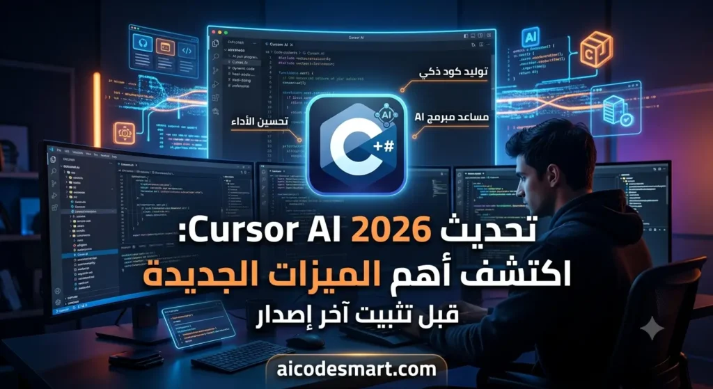 صورة مقال تحديث Cursor AI 2026 تستعرض مبرمجاً أمام شاشات كود برمجي ذكي مع واجهة مستخدم متطورة وشعار موقع aicodesmart.com