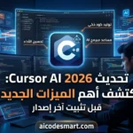 صورة مقال تحديث Cursor AI 2026 تستعرض مبرمجاً أمام شاشات كود برمجي ذكي مع واجهة مستخدم متطورة وشعار موقع aicodesmart.com