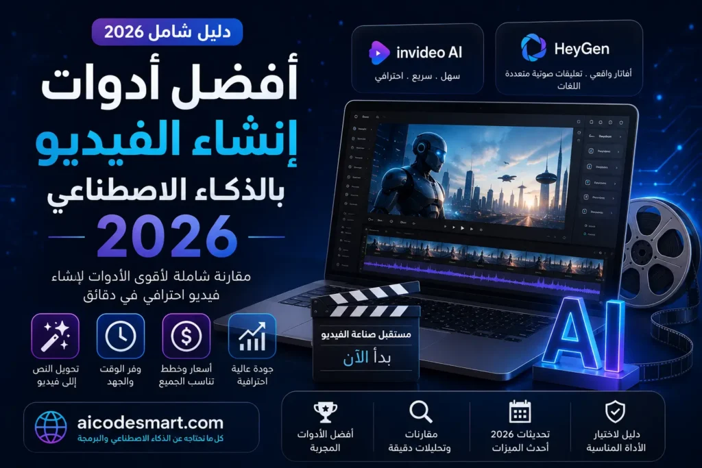 أفضل أدوات إنشاء الفيديو بالذكاء الاصطناعي 2026 مع مقارنة بين أشهر منصات إنشاء الفيديو بالذكاء الاصطناعي مثل InVideo AI وHeyGen ودليل لاختيار الأداة المناسبة. مقدم من موقع aicodesmart.com