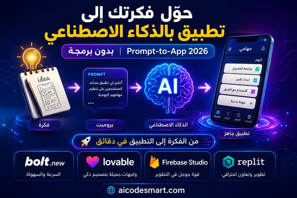 تحويل فكرة إلى تطبيق باستخدام الذكاء الاصطناعي بدون برمجة، مع أفضل أدوات Prompt-to-App مثل Bolt.new وLovable وFirebase Studio وReplit Agent في 2026. مقدم من موقع aicodesmart.com