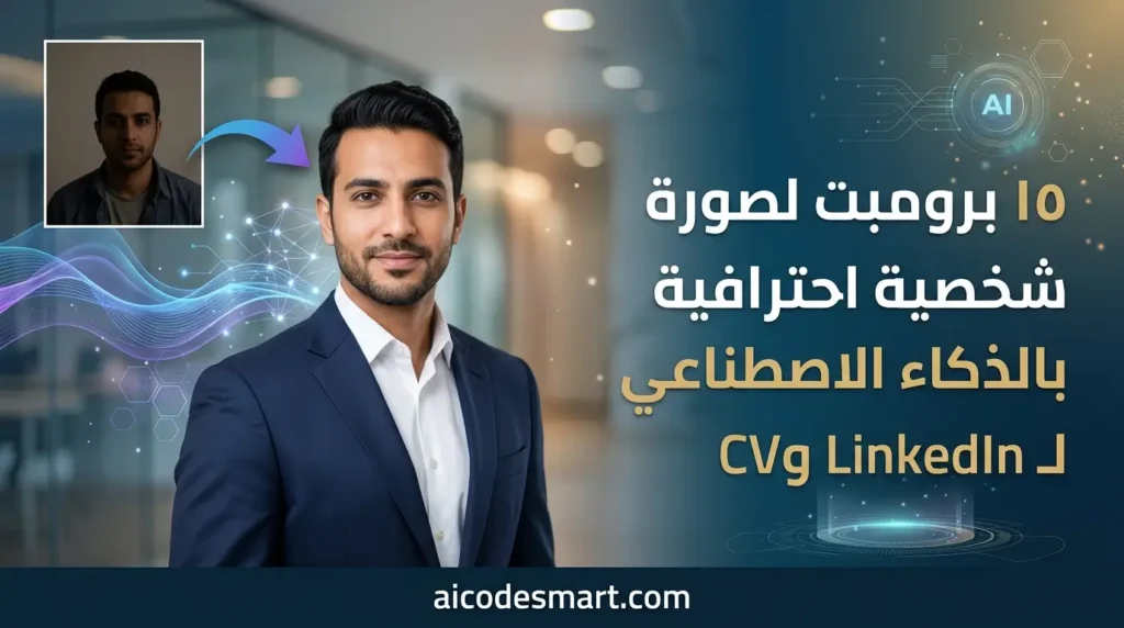 برومبت جاهز لصورة شخصية بالذكاء الاصطناعي لإنشاء صورة احترافية لـ LinkedIn وCV مقدم من موقع aicodesmart.com