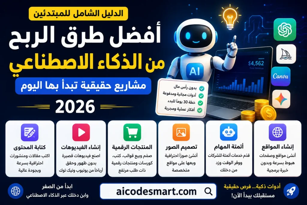 رسم توضيحي يوضح أفضل طرق الربح من الذكاء الاصطناعي للمبتدئين في 2026 باستخدام ChatGPT وClaude وCanva AI وMidjourney مع شعار موقع AICodeSmart.com