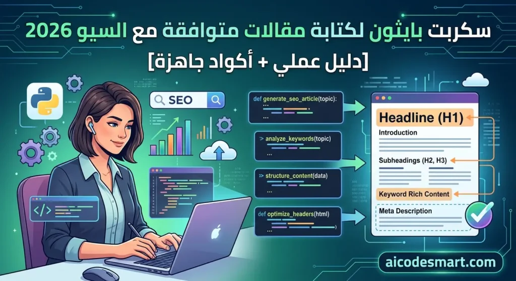 تعلم إنشاء سكربت بايثون لكتابة مقالات متوافقة مع السيو باستخدام Python وGPT خطوة بخطوة. دليل عملي مع أكواد جاهزة لتحليل الكلمات المفتاحية وإنشاء مقالات SEO احترافية.مقدم من موقع aicodesmart.com