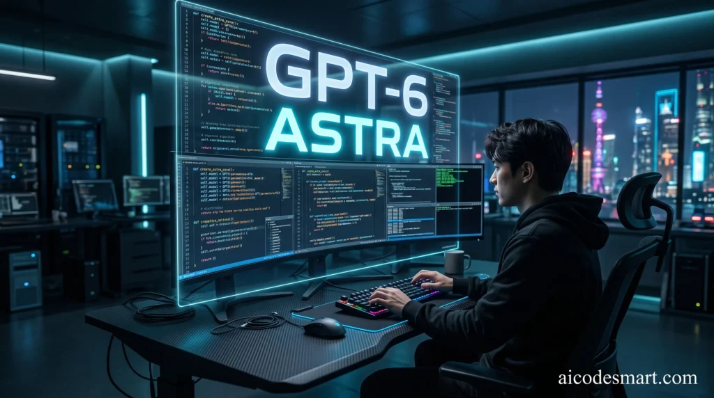 تصميم تخيلي لمكتب مطوّر بشاشة أكواد مضيئة، يحمل عنوان GPT-6 Astra واسم موقع aicodesmart.com.