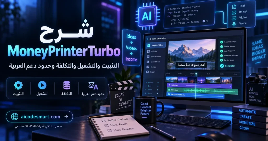 واجهة توضيحية لأداة MoneyPrinterTurbo لإنشاء فيديوهات بالذكاء الاصطناعي مع شرح التثبيت والتشغيل ودعم العربية