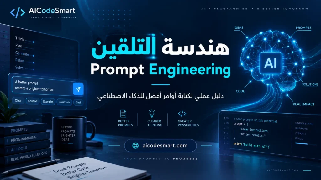 صورة بارزة لمقال هندسة التلقين Prompt Engineering توضح كتابة البرومبت وأوامر الذكاء الاصطناعي للمبرمجين على موقع AICodeSmart