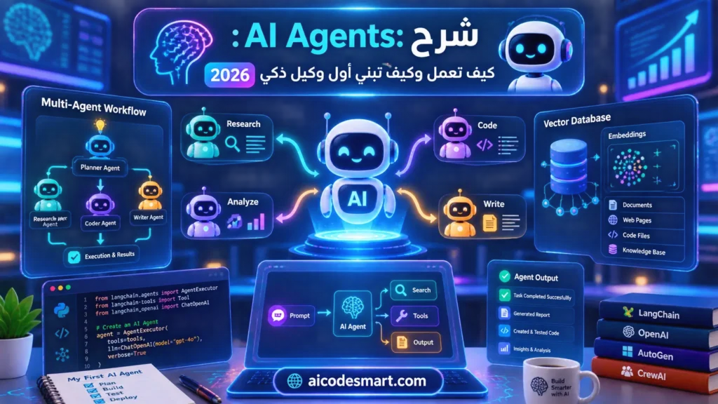 شرح AI Agents وكيف تعمل ووظائف الوكلاء الذكيين في 2026. مقدم من موقع aicodesmart.com