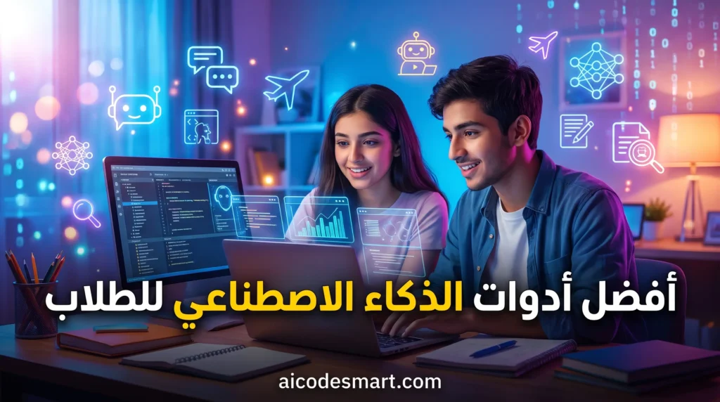 أفضل أدوات الذكاء الاصطناعي للطلاب، مع حاسوب وكتب ورموز للمذاكرة والبحث العلمي والبرمجة.