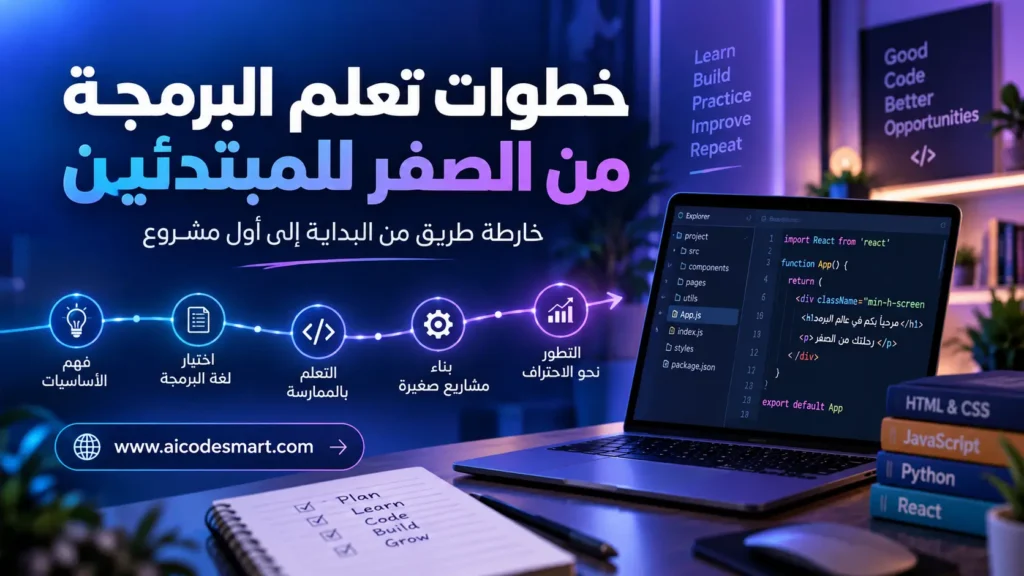 صورة توضيحية لخطوات تعلم البرمجة من الصفر للمبتدئين، تعرض خارطة طريق تشمل فهم الأساسيات واختيار لغة البرمجة والتطبيق العملي وبناء المشاريع، بجانب حاسوب يعرض أكواد برمجية.