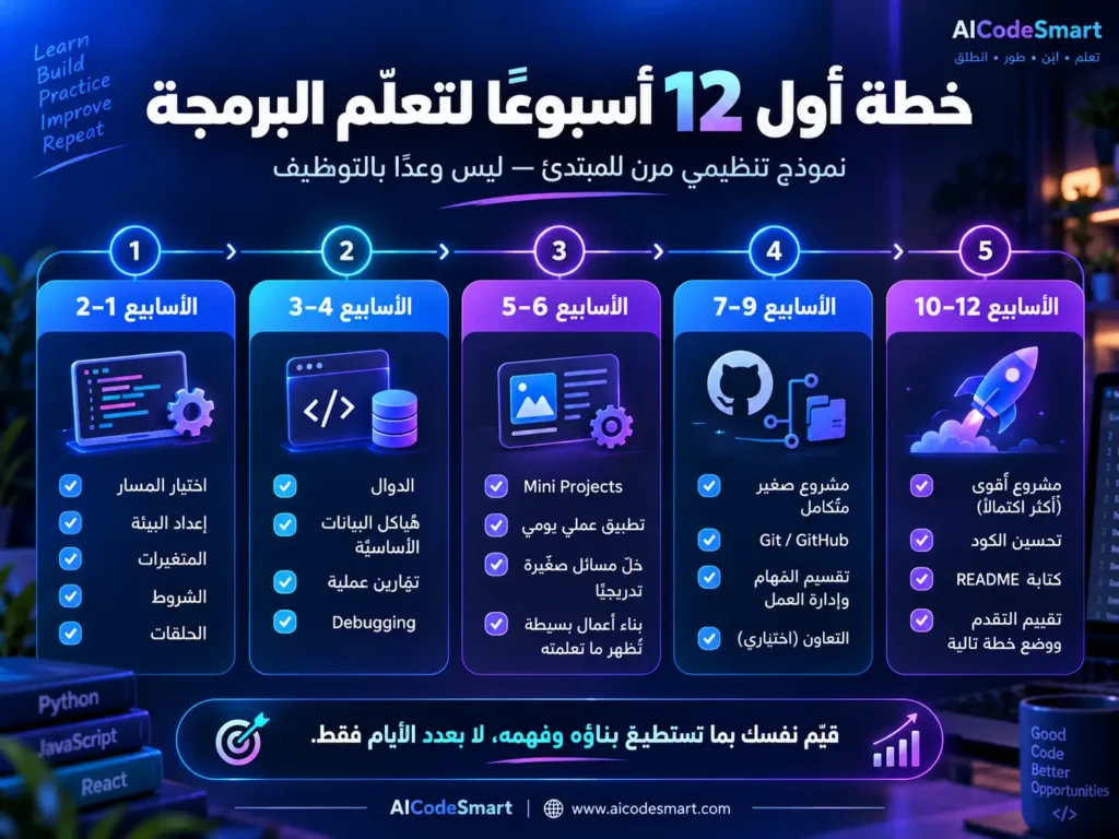 إنفوجرافيك لخطة تعلم البرمجة من الصفر خلال أول 12 أسبوعًا، يشمل اختيار المسار وتعلم الأساسيات والتدريب العملي والمشاريع الصغيرة واستخدام Git وGitHub وتقييم التقدم.